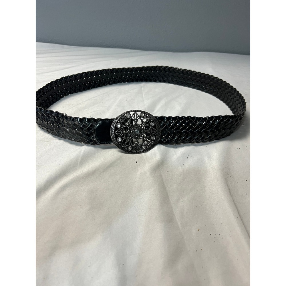 Black Braided Faux Leather Belt 10 Round Filigree Rhinestone Buckle Boho Western